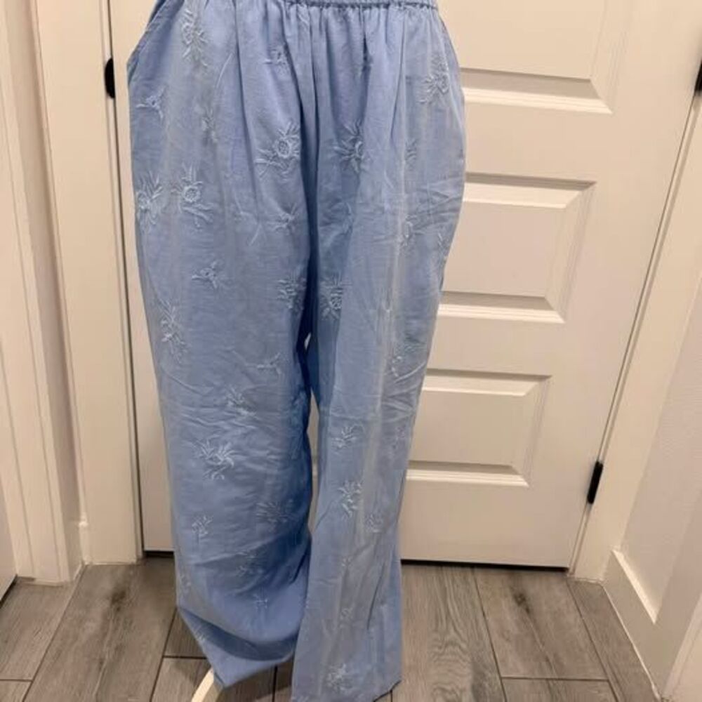 Light Blue Embroidered Cotton/Linen Pants, Size 1X
